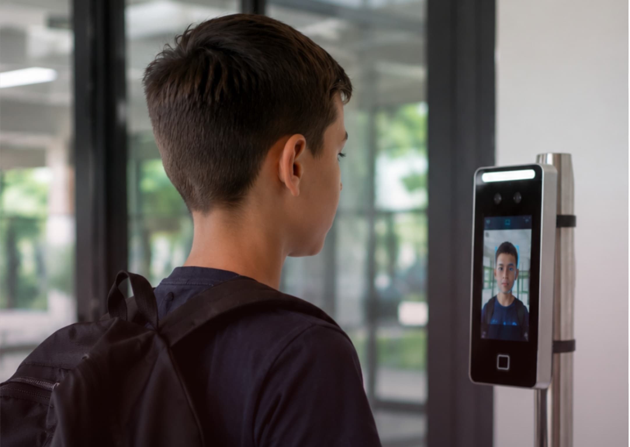 Aluno sendo identificado pelo terminal de reconhecimento facial na entrada da escola