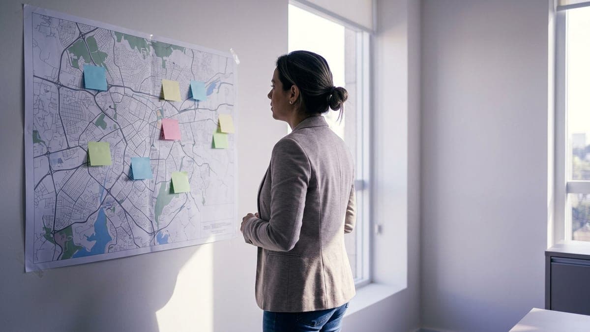 Diretora analisando um mapa da cidade com marcações na sala de reuniões