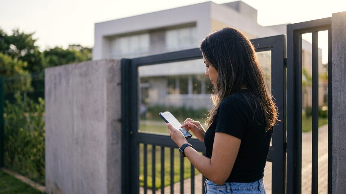 Mãe enviando mensagem pelo celular em frente à escola no fim da tarde