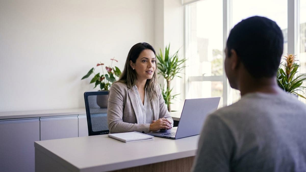 Consultora de matrículas atendendo um responsável na recepção da escola