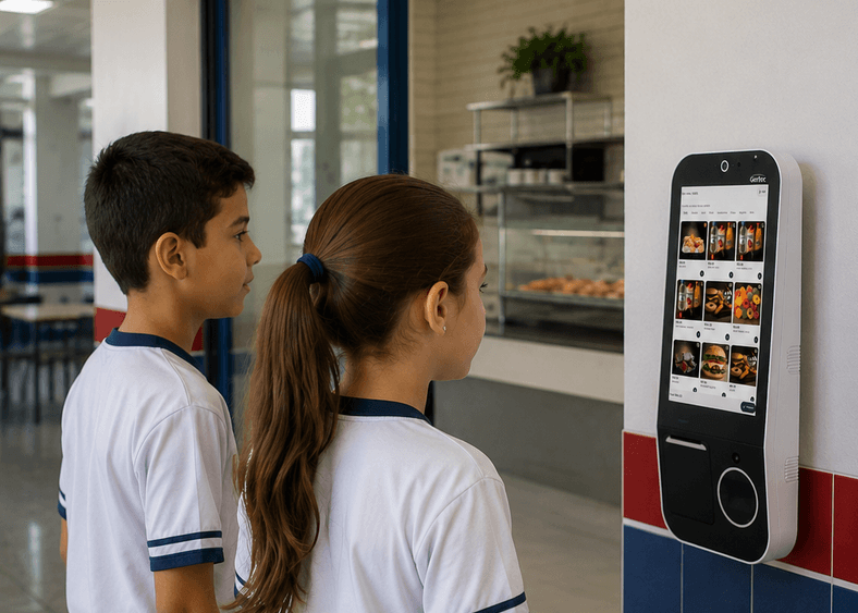 Alunos escolhendo o lanche no totem de autoatendimento da cantina escolar, com cardápio digital e reconhecimento facial do EasyFood